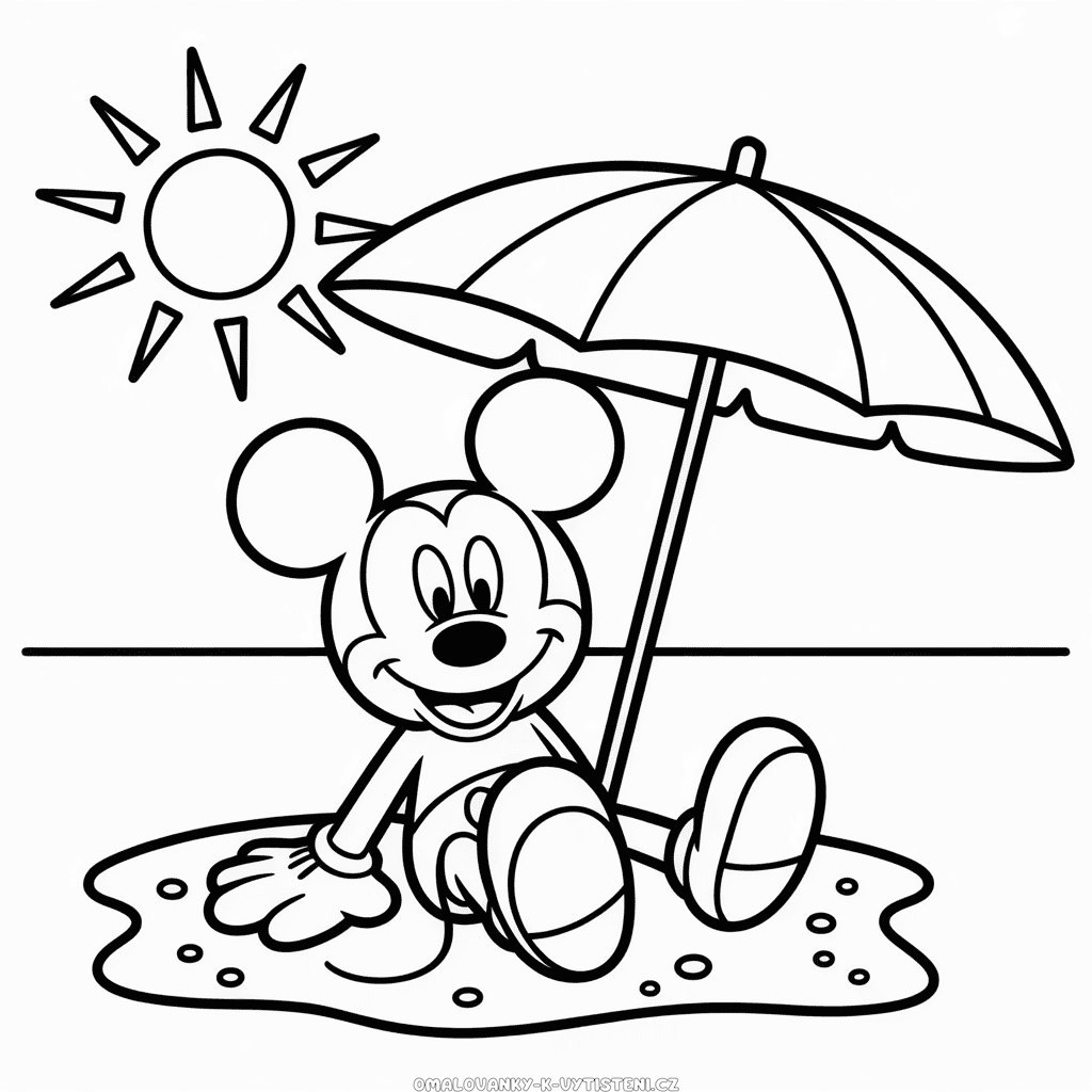 Myšák Mickey na pláži Omalovánka