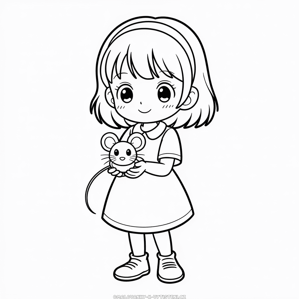 Anime dívka držící myš Omalovánka